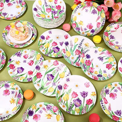 Umigy 120 Pcs Summer Tulip Floral Paper Plates 7 Inch Floral Party Decoration Plates, Summer Wild Flower Disposable Decorative Tableware for Birthday Wedding Baby Shower Tea Party Bridal Shower