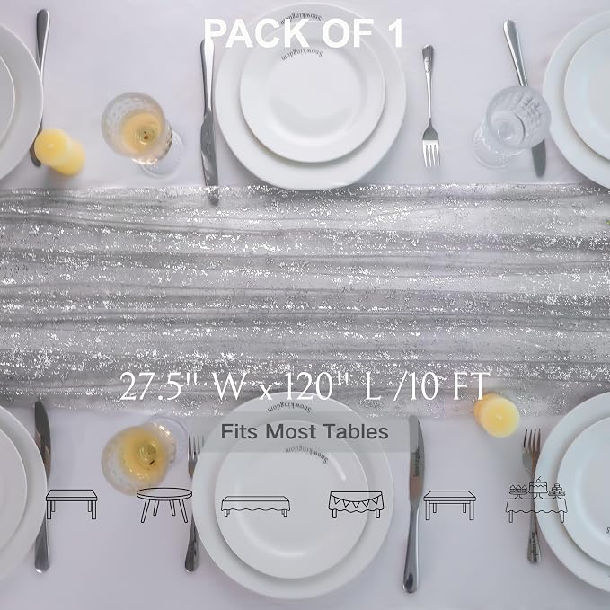 Snowkingdom Silver Gray Table Runner 10FT, Sheer Sparkly Shiny Glitter Sparkle - Image 2