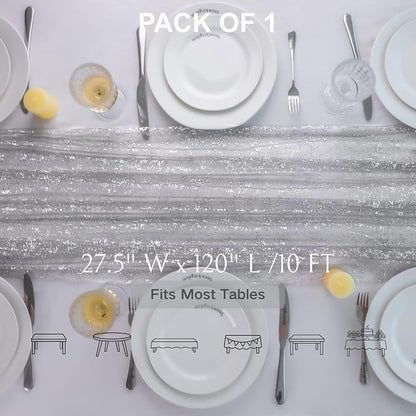 Snowkingdom Silver Gray Table Runner 10FT, Sheer Sparkly Shiny Glitter Sparkle - Image 2