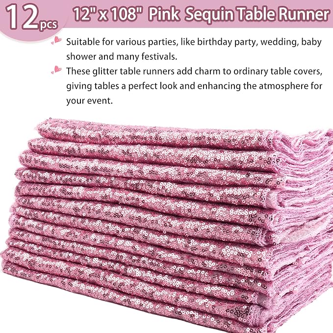 12 Packs 12 X 108 Inch Pink Sequin Table Runner Glitter Dining Table Runner - Image 2