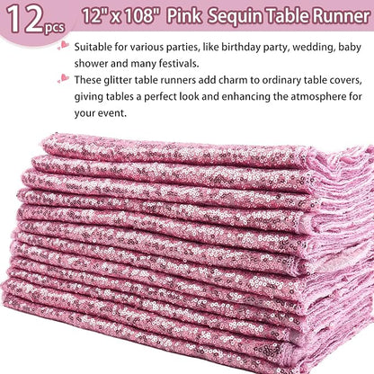 12 Packs 12 X 108 Inch Pink Sequin Table Runner Glitter Dining Table Runner - Image 2