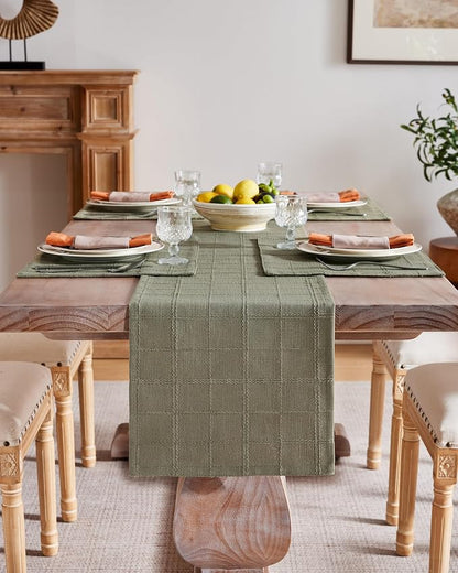 Linen Checked Farmhouse Table Runner, 13x36 Inches Olive | Raised Grid Design - Image 2