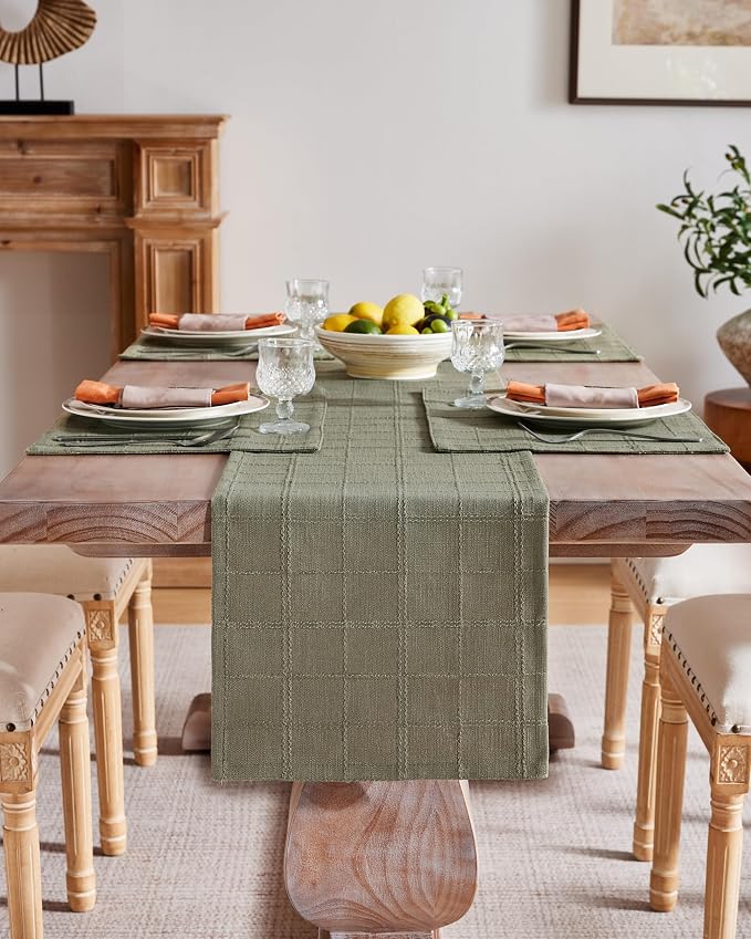 Linen Checked Farmhouse Table Runner, 13x60 Inches Olive | Raised Grid Design - Image 2
