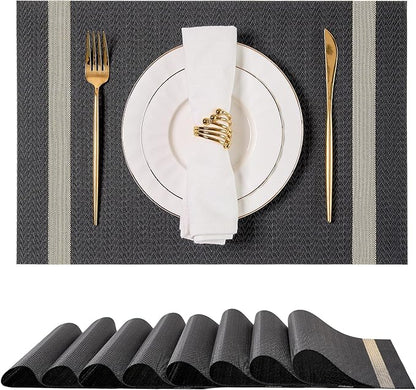 Leetaltree Luxury Black Placemats with Gold Stripes Placemats Set of 4 - Waterproof Washable for Wedding, Anniversary, Daily Use - Sparkling Table Decor - Hand-Cut