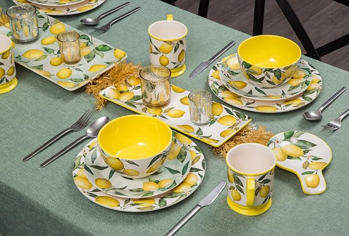 Bico Lemon Dreams Cereal Bowls Set of 4, 26 oz Deep Ceramic Soup Bowls - Image 6