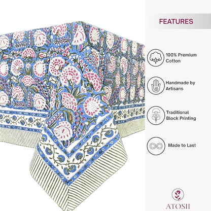 ATOSII Clover Pink 100% Cotton Square Boho Fall Tablecloth, Handblock Floral Table Cloth Linen for Kitchen Dining I Parties Wedding Outdoors Picnic Easter I Home Decor 60 X 60 Inches I 4 Seater