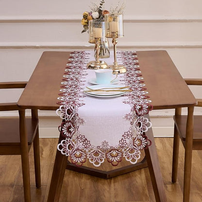 White Dark Red Jacquard Lace Table Runner 90 inches Long, Claret Dresser Scarf - Image 2