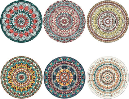 Mandala Pattern Coasters Leather Round Drink Coasters 6 Pcs Set with Holderor for Cup Drink Coffee Table Bar Home Decor