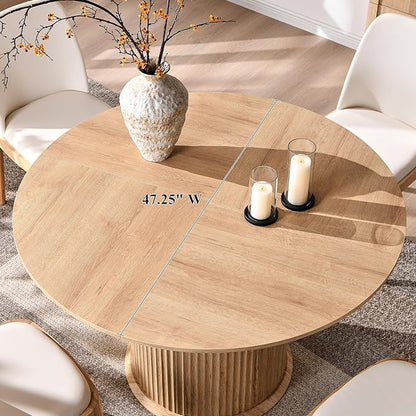T4TREAM 47" Fluted Round Dining Table for 4-6, Mid-Century Modern Kitchen Table with Thickened Edge & Cylindrical Base for Dining Room, Kitchen, Living Room,Natural Oak(Table Only)