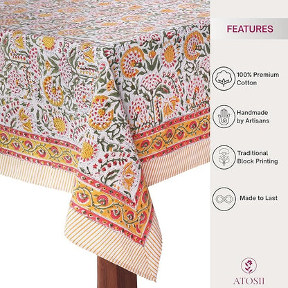 ATOSII Clover Yellow 100% Cotton Rectangle Fall Tablecloth, Handblock Floral Print Linen Table Cloth for Kitchen Dining I Parties, Outdoors, Christmas, Thanksgiving I 72 X 120 Inches I 10 Seater