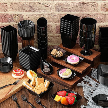 Tessco for you 1600 Pcs Mini Appetizer Plates Dessert Cups with Spoons Forks Set Assorted Shape Plastic Parfait Cups Dessert Plates Container Bowls with Disposable Spoon Fork for Party(Black)