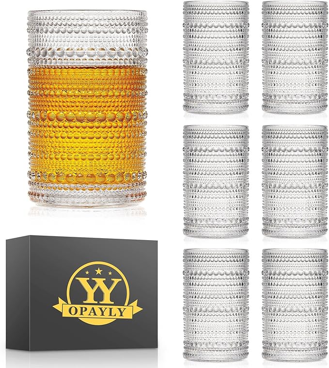 OPAYLY hobnail drinking glasses Highball Glasses Set of 6 12oZ Embossed Vintage by OPAYLY