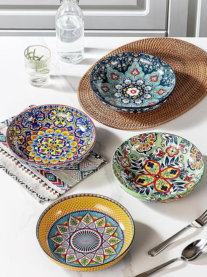 HENXFEN LEAD 33 oz Ceramic Pasta Bowls Set of 4, 8 Inch Wide & Shallow Bowls – Colorful Serving Bowls for Salad, Soup, Pasta, Microwave & Dishwasher Safe