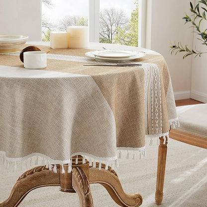 ZeeMart Contrast Linen Round Tablecloth 52 Inch Mid-Stripe Brown, Farmhouse Style Round Table Cloth Heavy Weight Beige Tablecloths, Water Resistant Burlap Table Cloths
