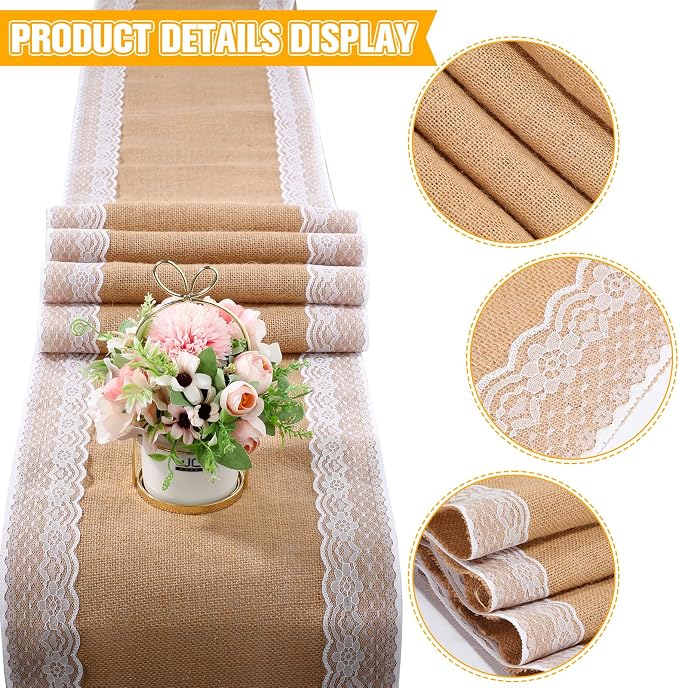 Tatuo 6 Pcs Lace Burlap Table Runner 12'' x 72'' Rustic Jute Hessian Farmhouse - Image 3