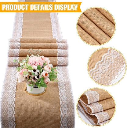Tatuo 6 Pcs Lace Burlap Table Runner 12'' x 72'' Rustic Jute Hessian Farmhouse - Image 3