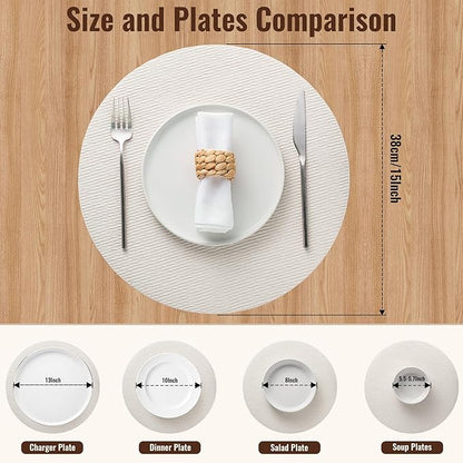 Jovono 15" Faux Leather Big Round Placemats Set of 8 - Washable Heat Resistant Non-Slip Dining Table Mats with Fabric Texture for Kitchen Home Party Decor, White