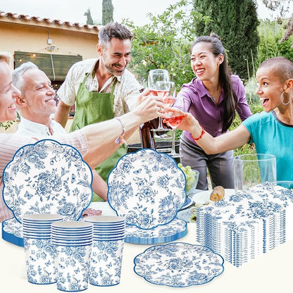 100pcs Blue Floral Paper Plates Napkins Flower Scalloped Tableware | Disposable - Image 7