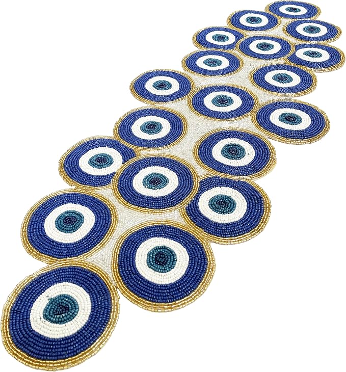 Beaded Table Runner 13x36 Inch Blue Gold Multi Evil Eye Handmade Decorative - Image 7