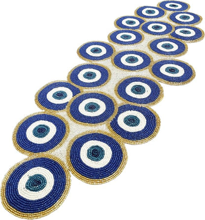 Beaded Table Runner 13x36 Inch Blue Gold Multi Evil Eye Handmade Decorative - Image 7