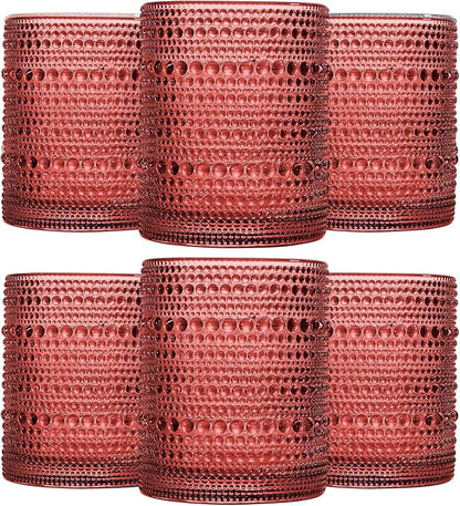 JOVGANK Red Vintage Hobnail Drinking Glasses Set of 6, Embossed Water Tumbler by JOVGANK