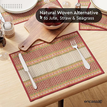 Encasa XO Woven Red Placemats Set of 4 – 12" x 17" | Handwoven Madurkathi Grass Table mats for Dining Table, Kitchen & Outdoor Decor | Durable & Heat‑Resistant