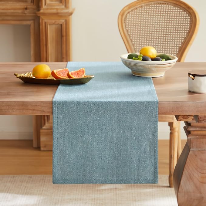 Rustic Cotton Linen Table Runner, 13x90 Inches River Blue | Farmhouse Style - Image 4