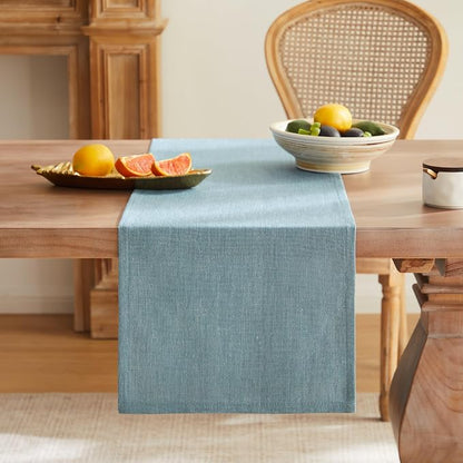 Rustic Cotton Linen Table Runner, 13x90 Inches River Blue | Farmhouse Style - Image 4