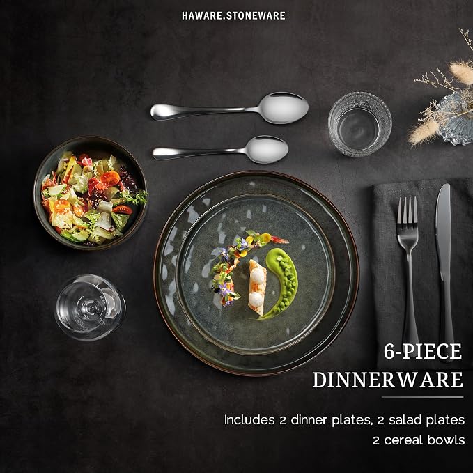 HaWare Dinnerware Sets, 6-Piece Plates and Bowls Set, Reactive Moss Green | - Image 3
