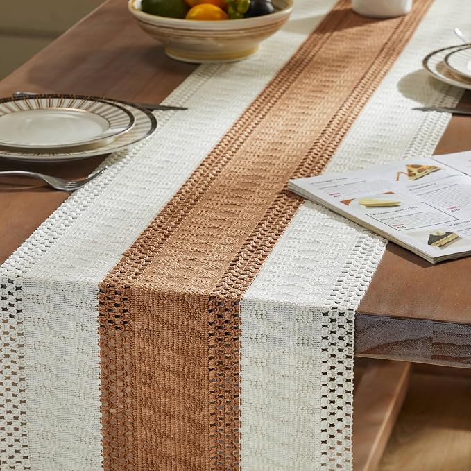 Macrame Style Bicolor Stitching Table Runner 14x36in Caramel | Woven Boho Table - Image 5