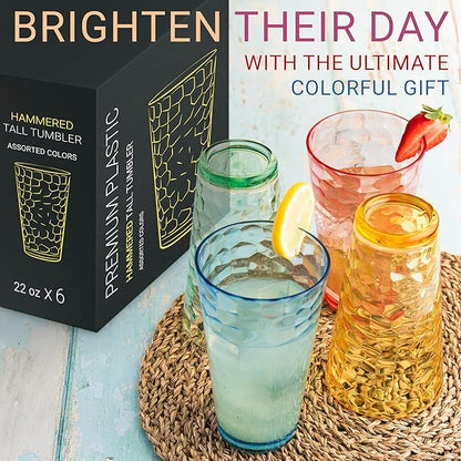 Hammered Plastic Drinking Tumbler, Dishwasher-Safe Premium Quality Water Glasses, BPA-Free Reusable Mixed Colors Assorted Stackable Cups, 22 oz Set of 12