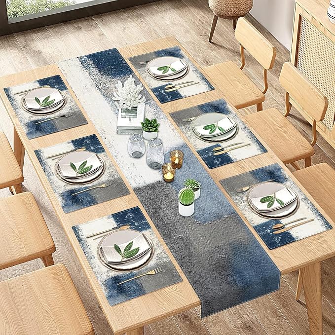 Table Runner and Placemats Set of 6, Abstract Farmhouse | Painting Blue Grey by ArtSocket