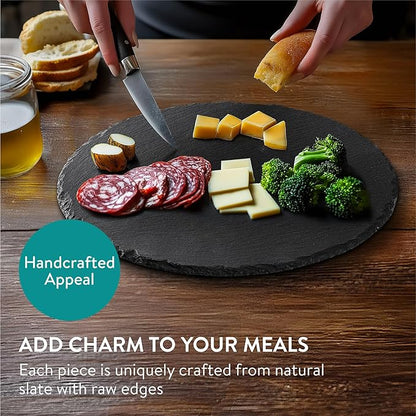 Navaris Slate Plates - Food Contact Safe Black Stone - Cheese Platter Serving Charcuterie Boards - Round Slate Tray Slab Plate Cheese Board - Set of 4 11" Plates (28 cm)
