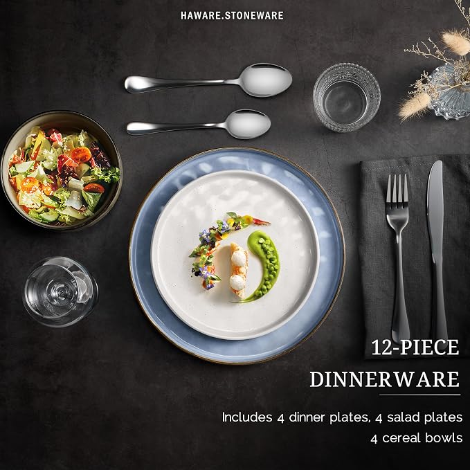 HaWare Dinnerware Sets, 12-Piece Plates and Bowls Set, Stoneware Dish Set - Image 3