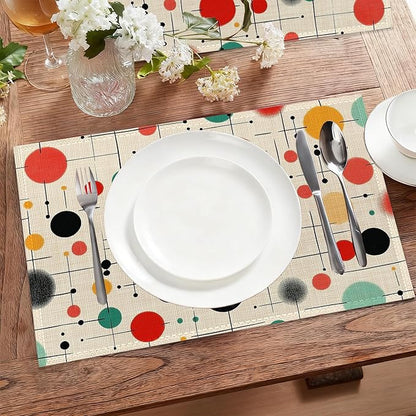 Mid Century Table Placemats Set of 6,Non-Slip Vintage Fabric Placemats for Dining Room Kitchen Party Holiday, Indoor Cloth Table Mats for Home Decor 11.8x17.7 Inch