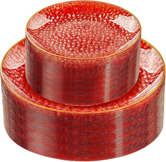 Rubtlamp 60 Pcs Red Plasitc Plates, Fancy Party Plates, Hammered Plastic plates by Rubtlamp