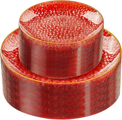 Rubtlamp 60 Pcs Red Plasitc Plates, Fancy Party Plates, Hammered Plastic plates by Rubtlamp