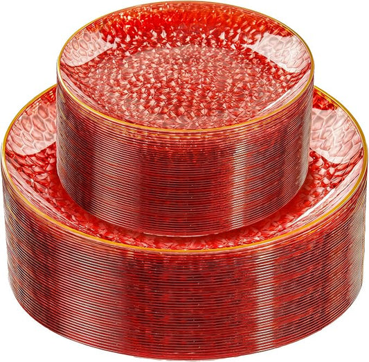 Rubtlamp 60 Pcs Red Plasitc Plates, Fancy Party Plates, Hammered Plastic plates by Rubtlamp