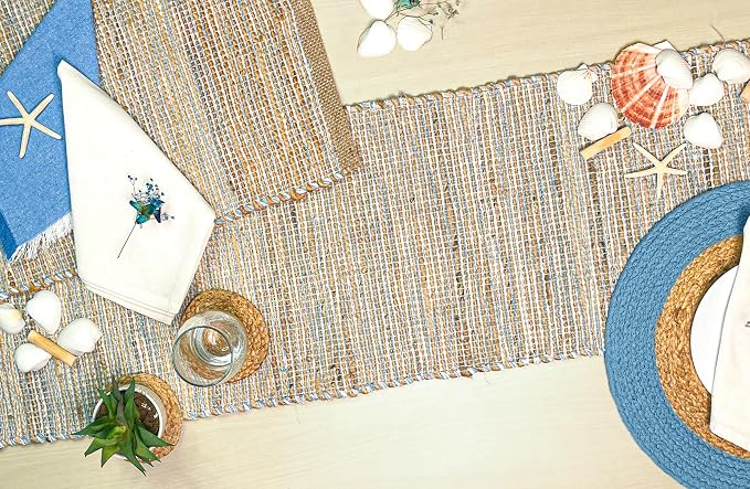 Natural Jute Table Runner, 13x72 Inch | Sky Blue-White, Vintage Boho Rustic - Image 8