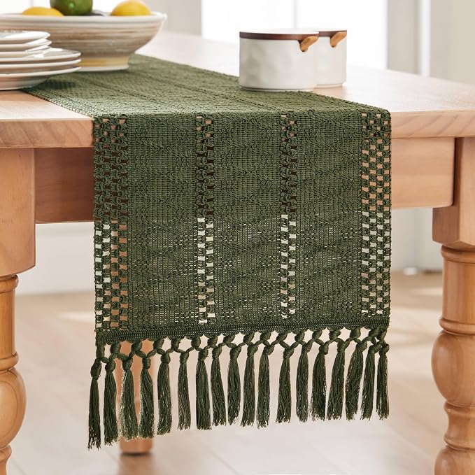 Macrame Style Boho Table Runner, 12x90 Inch Olive | Woven Boho Table Runner - Image 7