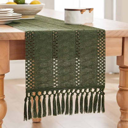 Macrame Style Boho Table Runner, 12x36 Inch Olive | Woven Boho Table Runner - Image 7