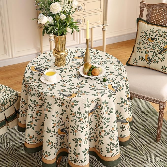patdrea Designer Linen Vintage Small Table Cloth for Round Table,Durable Breathable Tablecloth,Cover Fall Dacorative for Kitchen Dining Parties,Holiday Christmas,Thanksgiving,Diameter 55"-Warbler
