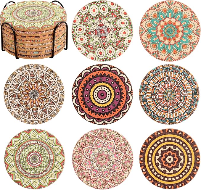 Cork Coasters Set of 8 with Holder, Colorful Drink Coasters by Puluole