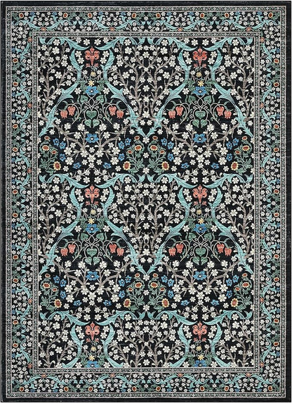 GarveeHome Floral Area Rugs 5x7, Washable Rug for Living Room, Bedroom, Low Pile Non Slip Stain Resistance Indoor Boho Carpet Mat for Farmhouse, Dining Room, Office, Black
