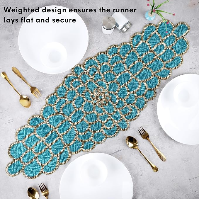 Beaded Table Runner, 13x36 | Handmade floral pattern, 85% glass beads, - Image 5