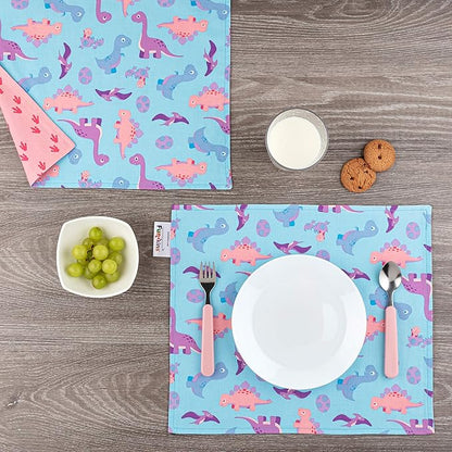 Funkins Reusable Cloth Placemats for Kids & Lunch Boxes | Reusable, Eco-Friendly | 15"x13", 2-ply, Thick, Absorbent, Machine Washable | Set of 2 Placemats (Pink Dinosours)