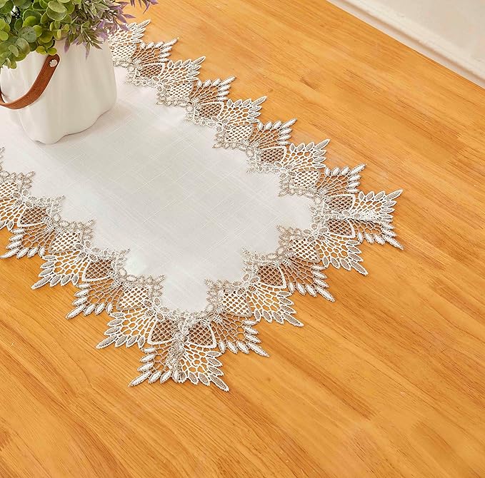 White Linen Table Runner 54” Lace Dining Table Runners | French Dresser Runners - Image 4