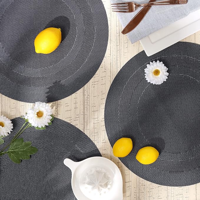 DII PVC Tabletop Collection Woven Indoor/Outdoor, Round Placemat Set, Stonewash - Image 2