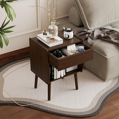 ZIYOO Nightstand with Drawer Open Shelf, Mid Century Modern Bedside Table, Small End Table for Living Room&Small Spaces, Bedroom, Walnut