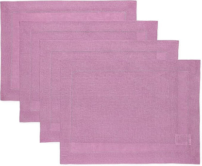 Solino Home Linen Cloth Placemats Set of 4-100% Pure Linen Hemstitch Violet Placemats 14 x 19 Inch - Classic Hemstitch Table Place Mats for Valentines, Spring, Easter